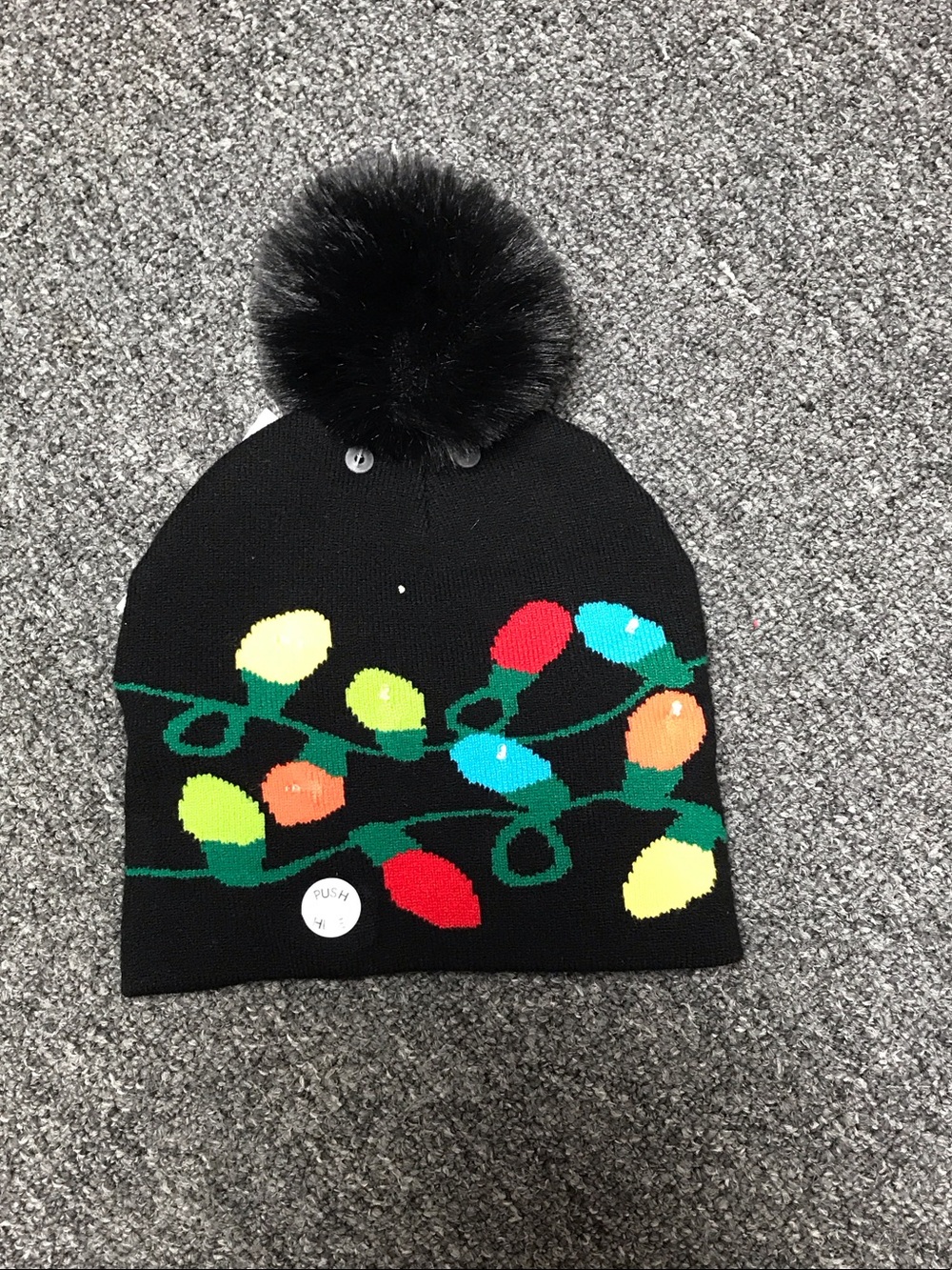 Black Pom Beanie with Colorful Holiday Lights